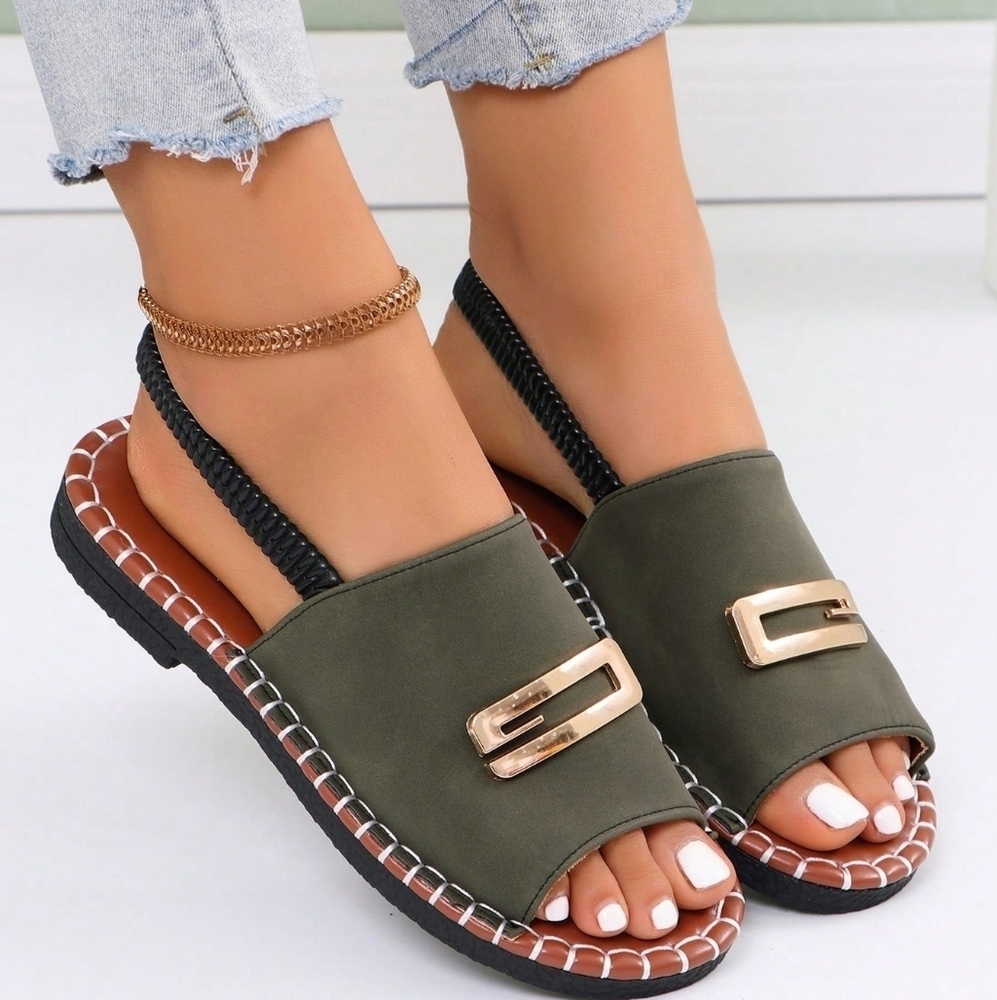 Women Flat Sandals Buckle Elastic Ladies White Open Toe Flat Slipper Pure Color - Picture 3 of 6